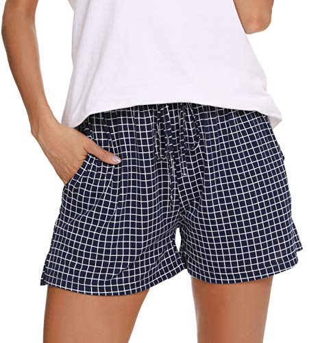 Lovasy Schlafshorts Damen Karierte Pyjamahose Damen Kurz Sommer Shorts mit Taschen und Kordelzug,Blau,XL von Lovasy