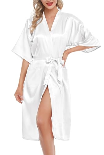 Lovasy Bademantel Damen Satin Japanisch Kimono Jacke Damen mit Gürtel Sexy Morgenmantel Leicht Pyjama für Hochzeit Braut Party,Weiß,L von Lovasy