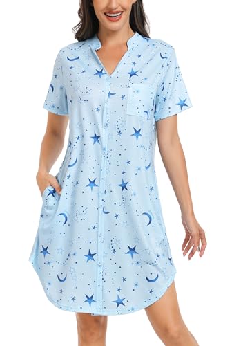 Lovasy Kurzarm Nachthemd mit Knöpfen Damen Stillnachthemd V-Ausschinitt Druck Sleepshirt Sommer Pyjama Schlafshirt mit Taschen,Hellblau-Stern Mond,L von Lovasy