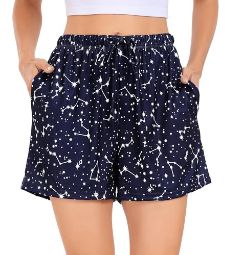 Lovasy Kurze Schlafhose Damen Streifen Pyjamahose Kurz Sommer Schlafanzughosen für Damen Shorts mit Taschen,Marineblau Sternennacht,XL von Lovasy