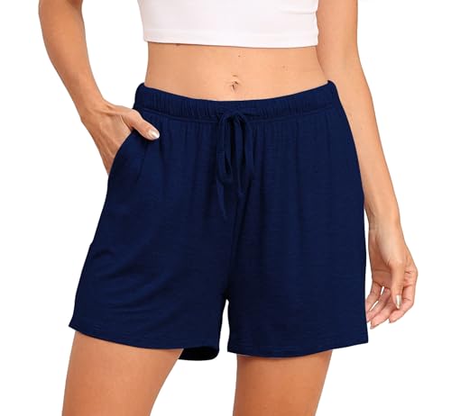 Lovasy Schlafshorts Damen Kurz Pyjama Shorts Damen Sommer Schlafhose Freizeitshorts Weich Bequem mit Taschen und Kordelzug,Marineblau,S von Lovasy