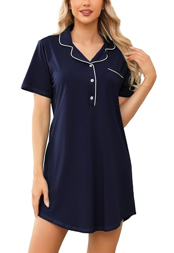 Lovasy Nachthemd Damen Baumwolle Kurzarm Schlafshirt mit Knopfleiste Nachtkleid Loungwear Sommer Pyjama mit Taschen,Marineblau,XXL von Lovasy