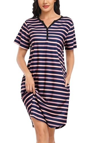 Lovasy Nachthemd Damen Kurzarm Gestreift Schlafshirt mit Knopfleiste Nachtkleid Kurz Knielang Mädchen Pyjama mit Taschen,Marineblau-gelb gestreift,XL von Lovasy
