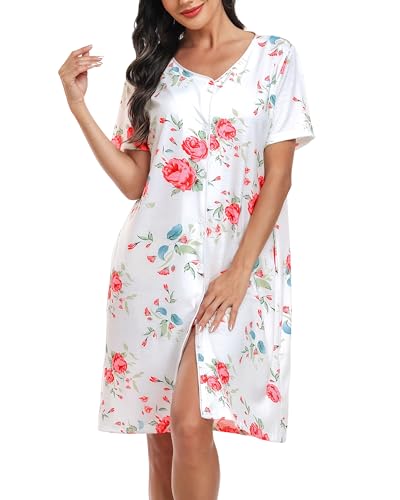 Lovasy Nachthemd Damen Baumwolle Kurzarm Schlafshirt V-Ausschnitt Schlafhemd mit Knöpfen Sleepshirt Kurz Sommer Pyjama,Weiß-Blume,XL von Lovasy