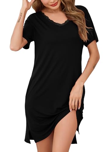Lovasy Nachthemd Damen Kurzarm Sexy Sommer Nachthemden für Damen Kurz V-Ausschnitt Spitzen Weich Nachtkleid,Schwarz,XL Lovasy Nachthemd Damen Kurzarm Sexy Sommer Nachthemden für Damen Kurz V-Ausschnitt Spitzen Weich Nachtkleid,Schwarz,XL von Lovasy