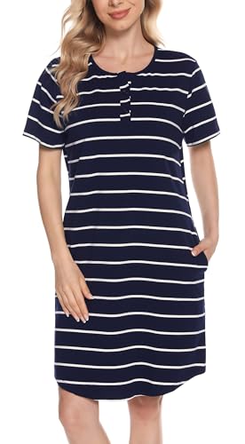 Lovasy Nachthemd Damen Baumwolle Kurzarm Schlafshirt Streifen Nachthemden für Damen mit Knopfleiste Zwei Taschen, Marineblau, L von Lovasy