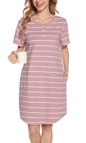 Lovasy Nachthemd Damen Baumwolle Kurzarm Schlafshirt Streifen Nachthemden für Damen mit Knopfleiste Zwei Taschen, Rosa, M von Lovasy