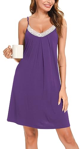 Lovasy Damen Nachthemd Spaghettiträger Ärmellos Chemise Träger Nachtkleid Sexy Lose Spitze Babydoll Damen Negligee,Violet,M von Lovasy