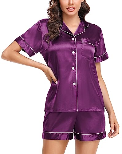 Lovasy Satin Schlafanzug Damen Kurz Kurzarm Pyjamas Set mit Knöpfen Seiden Nachtwäsche V-Ausschnitt Zweiteiliger Pjs Sets Hausanzug,Violett, L von Lovasy