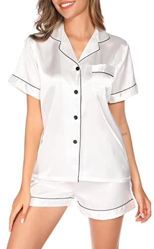 Lovasy Satin Schlafanzug Damen Kurz Kurzarm Pyjamas Set mit Knöpfen Seiden Nachtwäsche V-Ausschnitt Zweiteiliger Pjs Sets Hausanzug,Weiß,XL von Lovasy