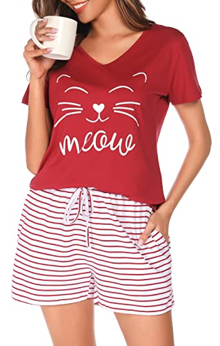 Lovasy Schlafanzug Damen Kurz Baumwolle Kurzarm Pyjama Set Zweiteiler Schlafanzüge für Damen Loungewear Shorty Damen Nachtwäsche,Weinrot,M Lovasy Schlafanzug Damen Kurz Baumwolle Kurzarm Pyjama Set Zweiteiler Schlafanzüge für Damen Loungewear Shorty Damen Nachtwäsche,Weinrot,M von Lovasy