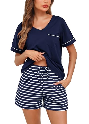 Lovasy Schlafanzug Damen Kurz Baumwolle Pyjama Set Kurzarm Schlafanzüge für Damen Sommer Shorty Pyjama mit Knöpfen und Taschen,Marineblau,L von Lovasy