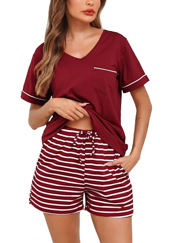 Lovasy Schlafanzug Damen Kurz Baumwolle Pyjama Set Kurzarm Schlafanzüge für Damen Sommer Shorty Pyjama mit Knöpfen und Taschen,Weinrot,M Lovasy Schlafanzug Damen Kurz Baumwolle Pyjama Set Kurzarm Schlafanzüge für Damen Sommer Shorty Pyjama mit Knöpfen und Taschen,Weinrot,M von Lovasy