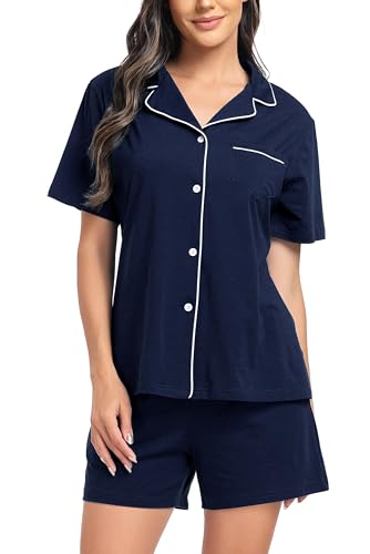 Lovasy Schlafanzug Damen Baumwolle Kurz Pyjama Set Kurzarm Schlafanzüge für Damen mit Knöpfen und Taschen,Marineblau,L von Lovasy