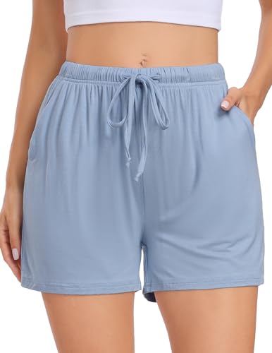 Lovasy Schlafshorts Damen Kurz Pyjama Shorts Damen Sommer Schlafhose Freizeitshorts Weich Bequem mit Taschen und Kordelzug,Hellblau,S von Lovasy