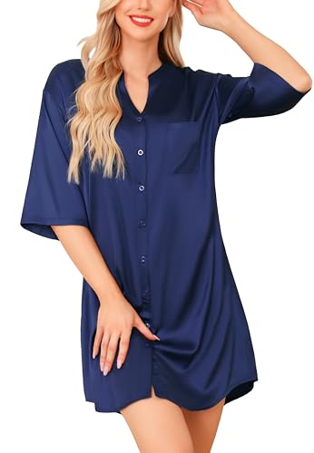 Lovasy Still Nachthemd Damen Satin Schlafshirt mit Knöpfen 3/4 Ärmel Pyjama mit Tiefer V-Ausschnitt Seiden Sleepshirt mit Taschen,Blau,L von Lovasy