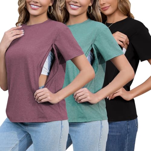 Love2Mi 3er Set Stillshirt mit verstecktem Reißverschluss Stillöffnung kurzen Umstandstop Stillen T-Shirt für Schwangere Love2Mi 3er Set Stillshirt mit verstecktem Reißverschluss Stillöffnung kurzen Umstandstop Stillen T-Shirt für Schwangere von Love2Mi