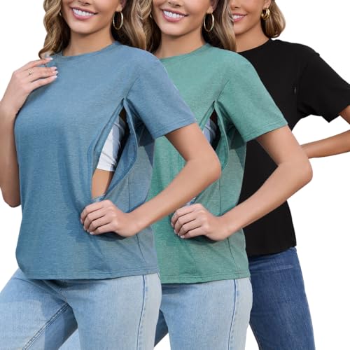 Love2Mi 3er Set Stillshirt mit verstecktem Reißverschluss Stillöffnung kurzen Umstandstop Stillen T-Shirt für Schwangere Love2Mi 3er Set Stillshirt mit verstecktem Reißverschluss Stillöffnung kurzen Umstandstop Stillen T-Shirt für Schwangere von Love2Mi
