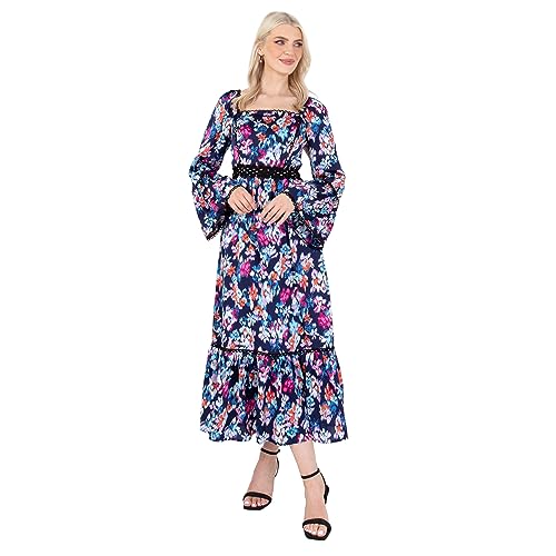Lovedrobe Women's Midaxi Dress Ladies Long Bell Sleeve Square Neck Empire A-line Ruffle Boho Floral Flowy for Wedding Guest Casual, Marineblau, 54 Lovedrobe Women's Midaxi Dress Ladies Long Bell Sleeve Square Neck Empire A-line Ruffle Boho Floral Flowy for Wedding Guest Casual, Marineblau, 54 von Lovedrobe