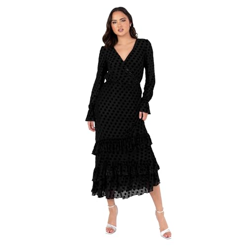 Lovedrobe Women's Midaxi Dress Ladies V-Neckline Long Sleeve Tiered Ruffle Frill Hem Flocked A-line Evening Occasion, Schwarz 36 Lovedrobe Women's Midaxi Dress Ladies V-Neckline Long Sleeve Tiered Ruffle Frill Hem Flocked A-line Evening Occasion, Schwarz 36 von Lovedrobe