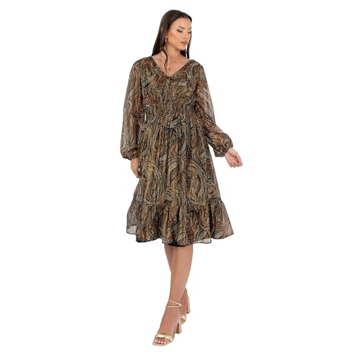 Lovedrobe Women's Midi Dress Ladies V-Neck Long Balloon Sleeve Boho Paisley Floral Print Shirred Waist A-line Smart Casual, Gold, 42 Lovedrobe Women's Midi Dress Ladies V-Neck Long Balloon Sleeve Boho Paisley Floral Print Shirred Waist A-line Smart Casual, Gold, 42 von Lovedrobe