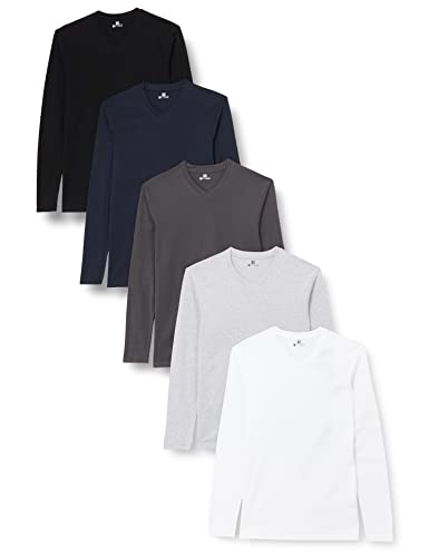 Lower East Herren Langarmshirt, 100% Baumwolle, V-Ausschnitt (5er-Pack), Weiß/Hellgrau Melange/Geschmiedetes Eisen/Dunkelblau/Schwarz, XXL von Lower East