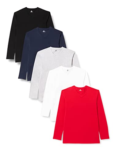 Lower East Herren Langarmshirt, 100% Baumwolle, V-Ausschnitt (5er-Pack), Weiß/Hellgrau Melange/Rot/Dunkelblau/Schwarz, XL von Lower East