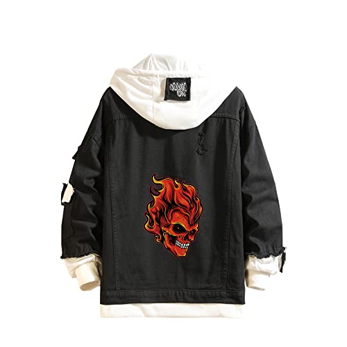 Lpstop Schädelrose Denim-Hoodie Jacke mit Totenkopf-Print Rose Kapuzenpullover Jeansjacke für Damen Herren von Lpstop