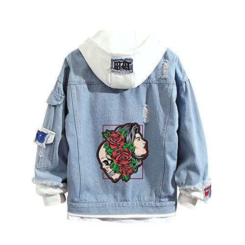 Lpstop Schädelrose Denim-Hoodie Jacke mit Totenkopf-Print Rose Kapuzenpullover Jeansjacke für Damen Herren von Lpstop