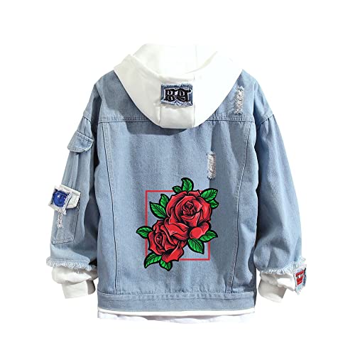 Lpstop Schädelrose Denim-Hoodie Jacke mit Totenkopf-Print Rose Kapuzenpullover Jeansjacke für Damen Herren von Lpstop