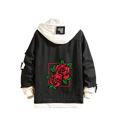 Lpstop Schädelrose Denim-Hoodie Jacke mit Totenkopf-Print Rose Kapuzenpullover Jeansjacke für Damen Herren von Lpstop