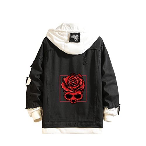 Lpstop Schädelrose Denim-Hoodie Jacke mit Totenkopf-Print Rose Kapuzenpullover Jeansjacke für Damen Herren von Lpstop