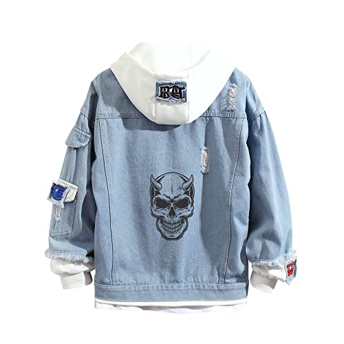 Lpstop Schädelrose Denim-Hoodie Jacke mit Totenkopf-Print Rose Kapuzenpullover Jeansjacke für Damen Herren von Lpstop