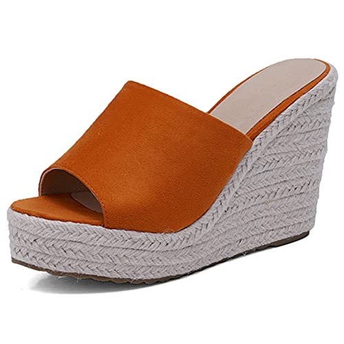 Damen Pantoletten mit Absatz, Sandalen Peep Toe Leisure Keilabsatz Espadrille mit Plateau Ohne Verschluss 273 Orange Gr 37 EU von Lroey Reoly