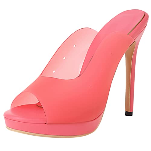 Damen Pantoletten mit Absatz, Sandalen Peep Toe Mode Stiletto Transparente Schuhe mit Plateau Ohne Verschluss 233 Pink Gr 45 EU von Lroey Reoly