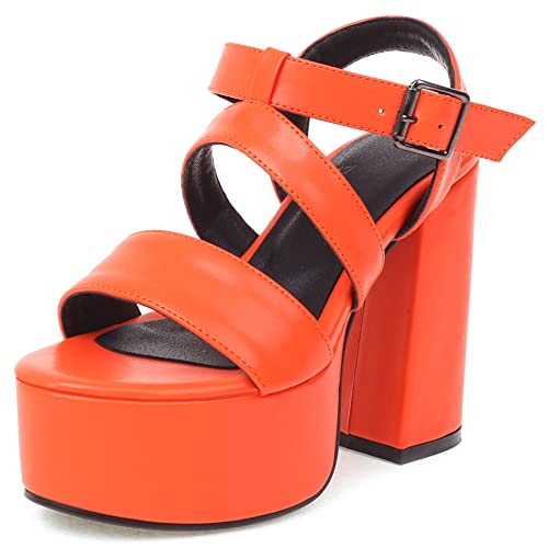 Lroey Reoly Damen Sandale mit Absatz, Sandalen Offene Zeh Mode Blockabsatz Party Schuhe mit Plateau Schnalle Knöchelriemchen 129 Orange Gr 40 EU von Lroey Reoly