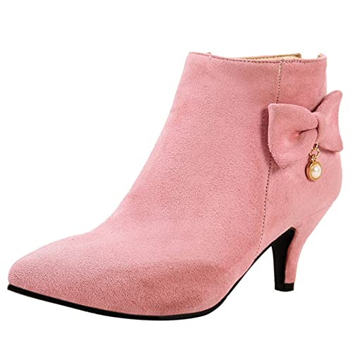 Lroey Reoly Damenstiefeletten mit Kitten-Heel, Partystiefel Höhe Ferse Pointed Toe Stiefeletten Zip Bogen 254 Pink/Br Gr 37 EU von Lroey Reoly