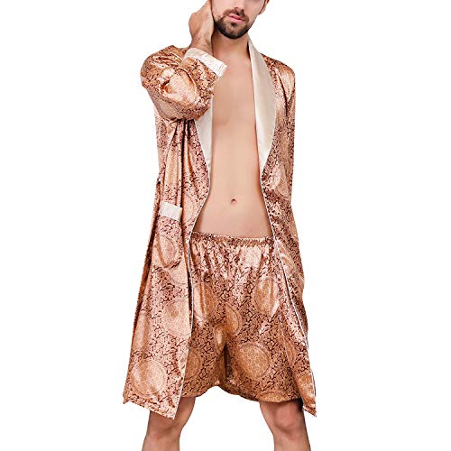 Lu's Chic Herren-Satin-Pyjama-Set, Seide, Bademantel, Shorts, lange Ärmel, Taschen, weiches Kimono-Bademantel-Set - Gold - XX-Large von Lu's Chic