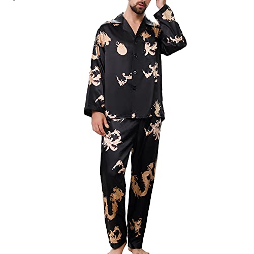 Lu's Chic Herren Seidig Pyjama Set Satin Langarm Loungewear Button Down Luxus Pj Nachtwäsche, Schwarz, Small von Lu's Chic