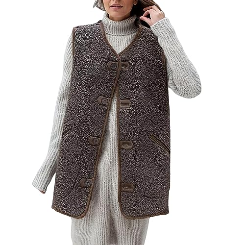 Luadnysin Fellweste Damen Kunstfell Fleeceweste Plüschweste Teddy Fleece Weste mit Taschen Herbst Winter Outdoor Soft Warm Daunenweste Steppweste Bequem Ärmellos Weste Teddyfell Braun Kuschelweste von Luadnysin