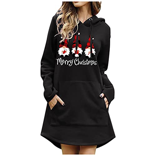 Kleid Weihnachtsmotiv Damen, Sweatkleid Hässlich Lustig Weihnachtskleid Rudolph Rentier Elfe Weihnachtspullover Hoodie Kleid Merry Christmas Hässliche Tunika Mit Taschen Partykleid Kapuzenpullover von Luadnysin