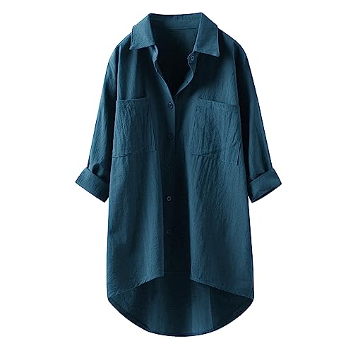 Luadnysin Lange Bluse Damen Leinenhemd Lang, Kariert Shirt Frühling Revers Langarmshirt Knopfleiste Hemd Leinenbluse Lose Longbluse Blusenshirt Oberteile Tops von Luadnysin