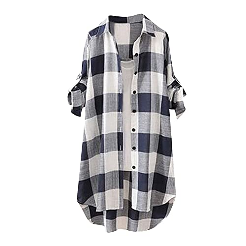 Luadnysin Karierte Bluse Damen Lang Knopfleiste Hemd Casual Lose Frühling Sommer Longbluse Blusenshirt Oberteile Tunika Große Größen Tops T-Shirts & Blusen für Frauen von Luadnysin