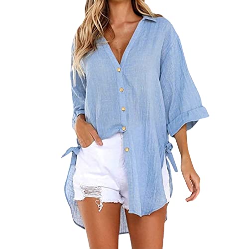 Luadnysin Musselin Bluse Damen Oversize Tunika Hemd Hemdjacke Sommerbluse V-Ausschnitt Elegant Oversized Blusenshirt Knöpfleiste Schwarzes Baumwolle Blusen Oberteile Tops Einfarbig Lässige Hemdbluse von Luadnysin