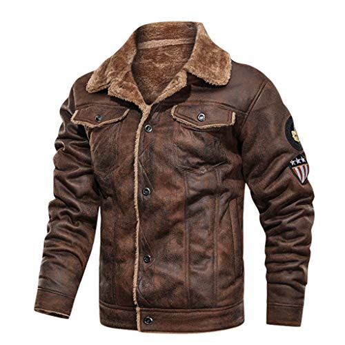 Luadnysin Pilotenjacke Herren Lederjacke mit Fellkragen Gefütterter Vintage Jacke Winterjacke Fliegerjacke Männer Winter Warme Schwarz Fleecejacke Outdoor Übergangsjacke Bikerjacke von Luadnysin