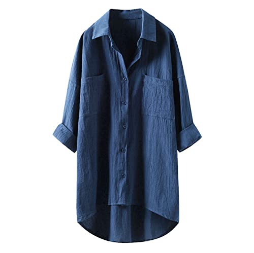 Luadnysin Musselin Bluse Damen Lang Langarm Lange Pullover Mit Knopfleiste Long Stehkragen Longshirt Longbluse Frühling Italienische Mode Leinenbluse für Leggings, Shirt Blue, kariertes hemd damen von Luadnysin