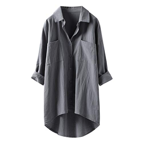 Luadnysin Musselin Bluse Damen Lang Oberteile Tunika Langarm Lange Pullover Mit Knopfleiste Long Stehkragen Longshirt Longbluse Frühling Italienische Mode Leinenbluse lässig für Leggings, XL von Luadnysin