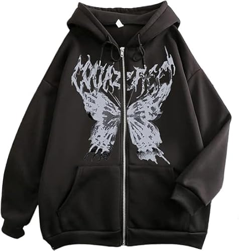 Zipper Hoodie Y2K Pullover Damen Butterfly Hoodie Aesthetic Streetwear Vintage Pullover Oversized Harajuku Sweatshirt Sweatjacke Mit Kapuze 90Er E-Girl Tops Kapuzenpullover Klamotten Teenager Mädchen von Luadnysin