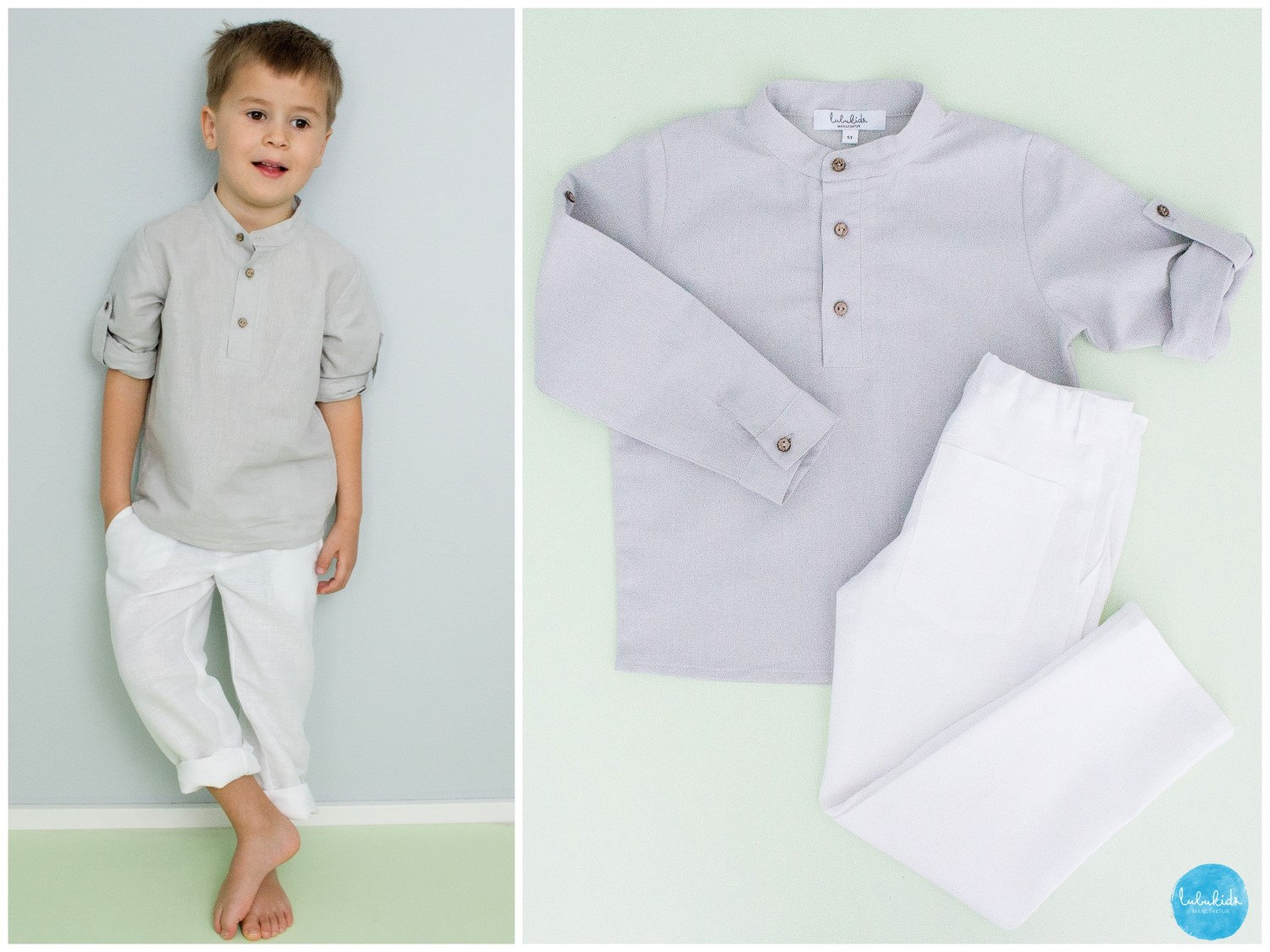 Jungen Hochzeitsoutfit, Kinder Anzug Ringträger, Standhochzeit Outfit - 2Tlg Leinen Set Hose + Henley Hemd von Lubukidz