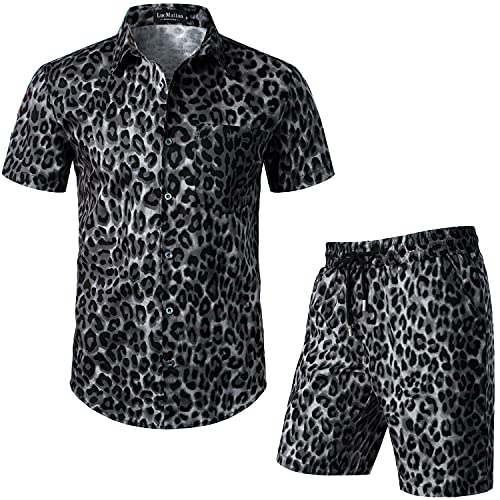 LucMatton Herren 2-teilige Blumenoutfits Hipster Leopard Kurzarm Button Down Shirt und Shorts Set für Club Party Schwarz Leopard XX-Large von LucMatton